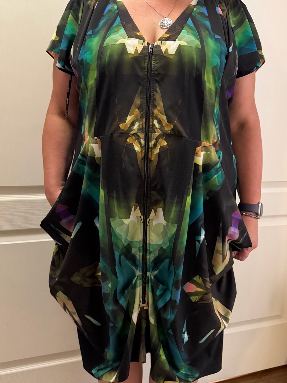 City Chic Black Geometric Midi Dress with Green and Teal Accents